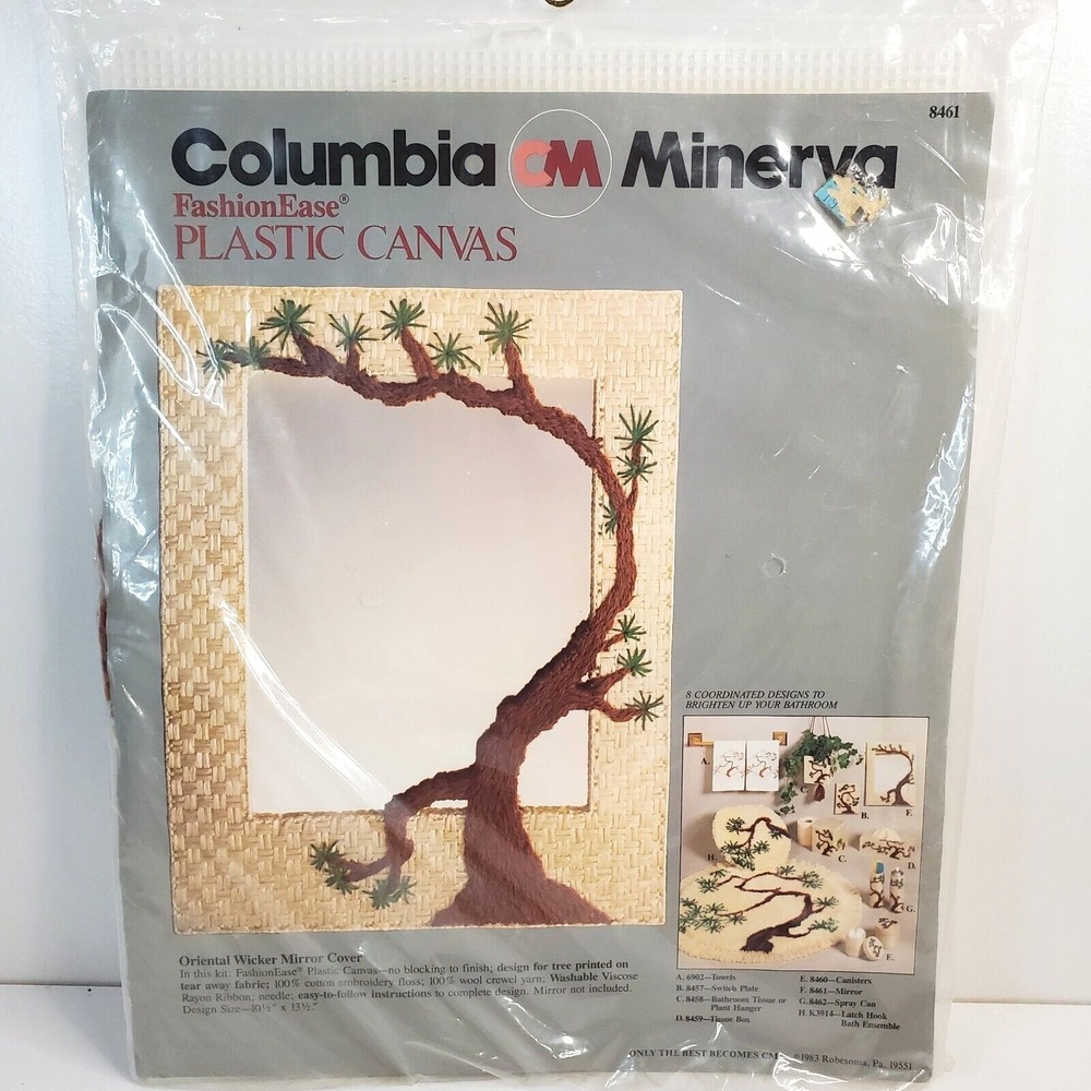Vintage 1983 Columbia Minerva Plastic Canvas Oriental Wicker Mirror Cover Kit